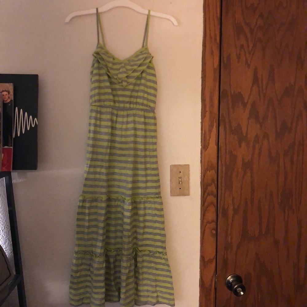 yellow and gray striped maxi dress
